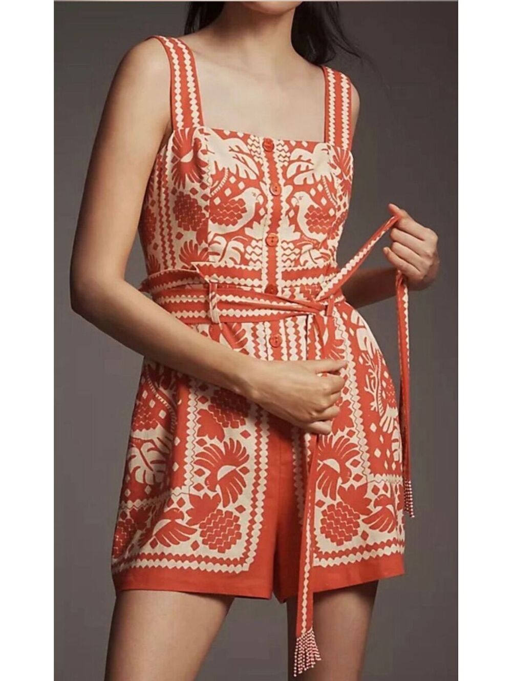 FARM RIO x Anthropologie Linen Blend Tie-Waist Romper